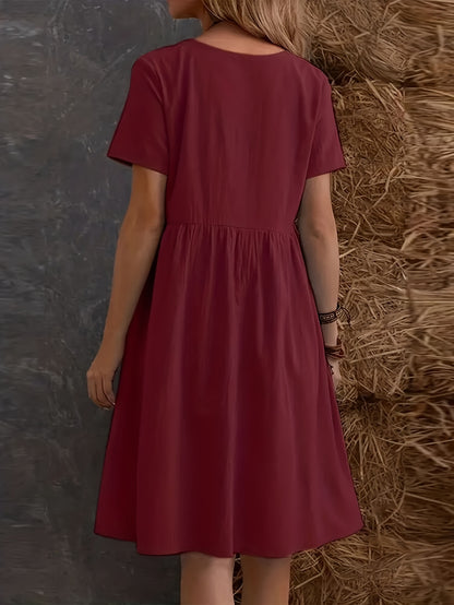 Plain Loose Dress With Short Sleeves, Casual Dress With Round Neck, Knee Length, Layered Dress, Women's Clothing