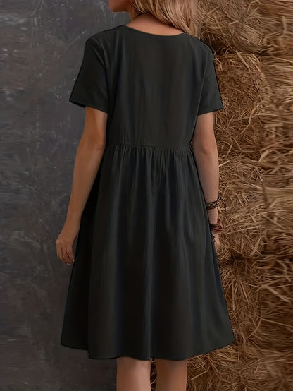 Plain Loose Dress With Short Sleeves, Casual Dress With Round Neck, Knee Length, Layered Dress, Women's Clothing