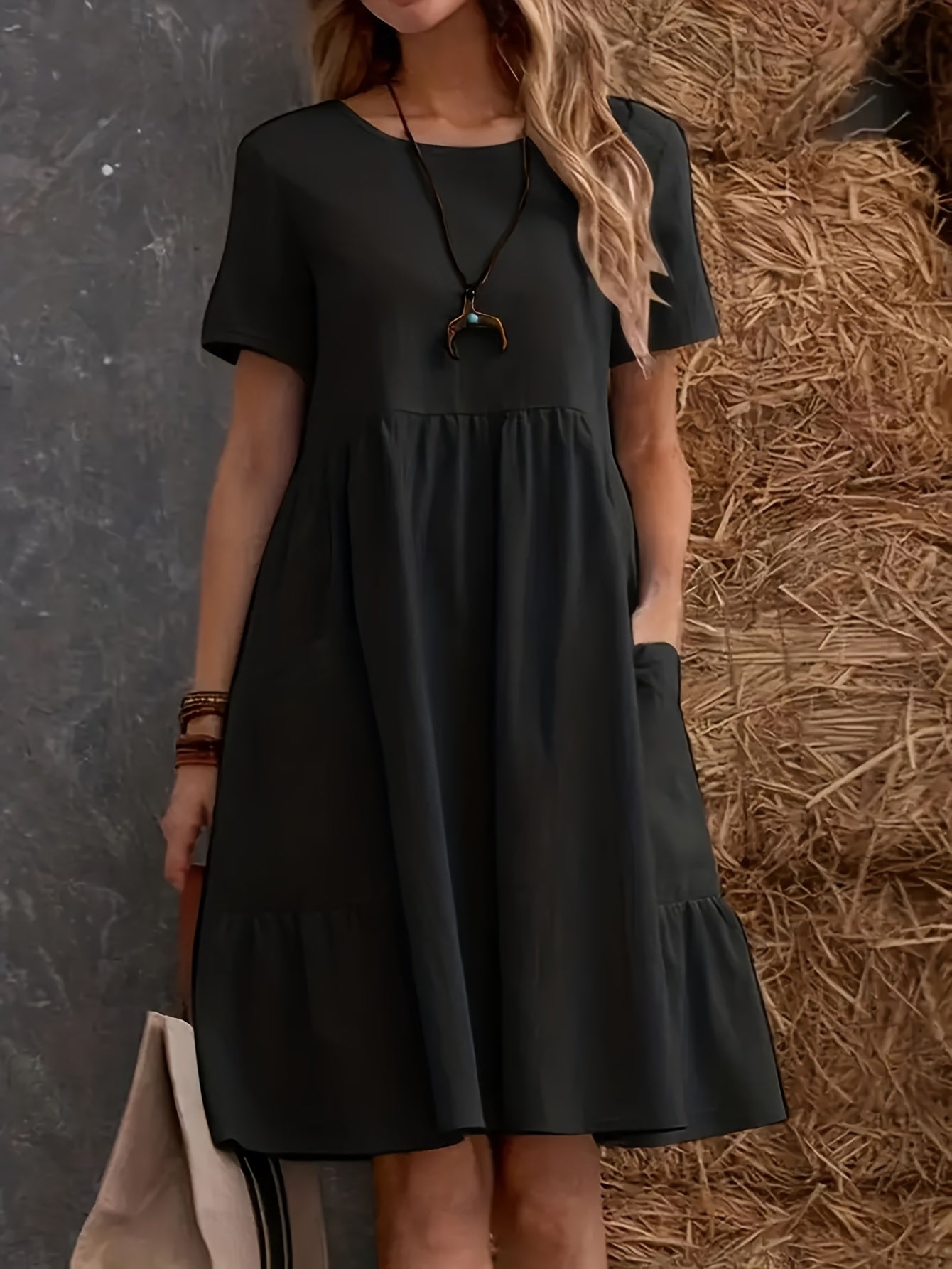 Plain Loose Dress With Short Sleeves, Casual Dress With Round Neck, Knee Length, Layered Dress, Women's Clothing