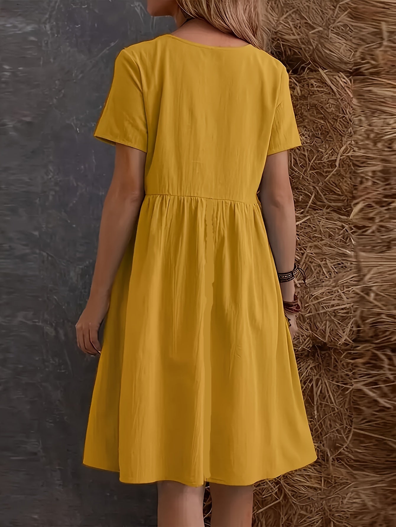 Plain Loose Dress With Short Sleeves, Casual Dress With Round Neck, Knee Length, Layered Dress, Women's Clothing