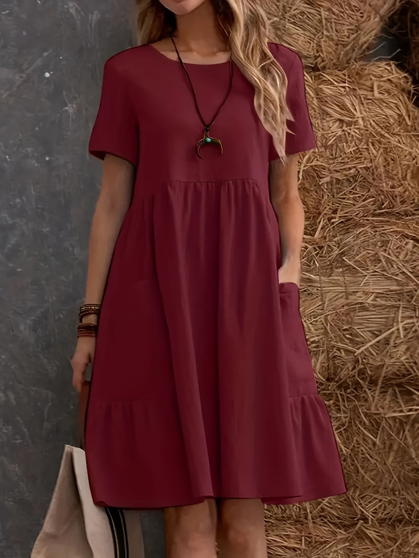 Plain Loose Dress With Short Sleeves, Casual Dress With Round Neck, Knee Length, Layered Dress, Women's Clothing
