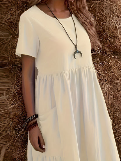 Plain Loose Dress With Short Sleeves, Casual Dress With Round Neck, Knee Length, Layered Dress, Women's Clothing