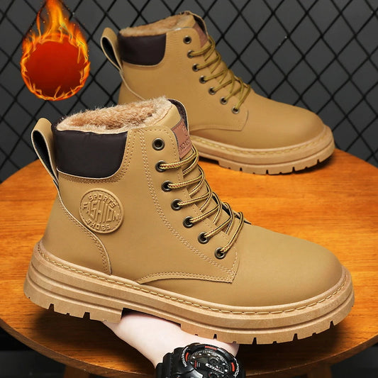 Men Snow Boots Winter Plush Warm High Top British Style Ankle Male Boots Outdoor Thick Soled Non-slip Work Boot Botas De Hombre 