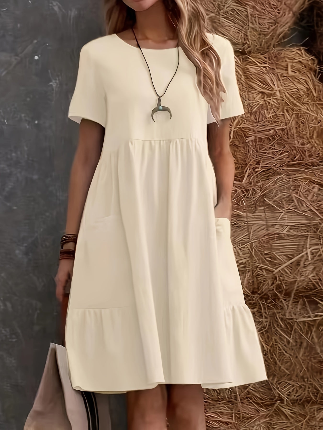 Plain Loose Dress With Short Sleeves, Casual Dress With Round Neck, Knee Length, Layered Dress, Women's Clothing