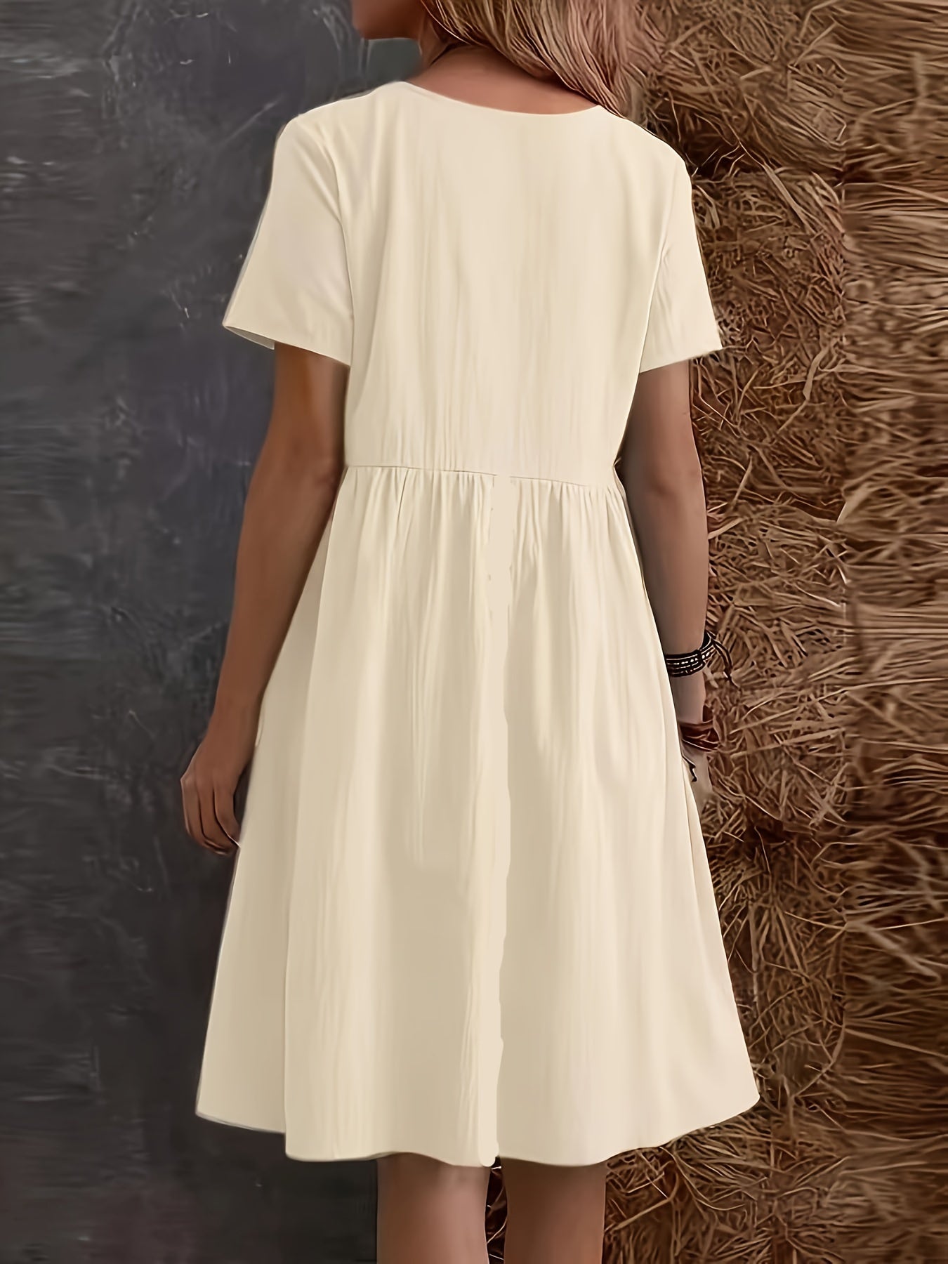 Plain Loose Dress With Short Sleeves, Casual Dress With Round Neck, Knee Length, Layered Dress, Women's Clothing
