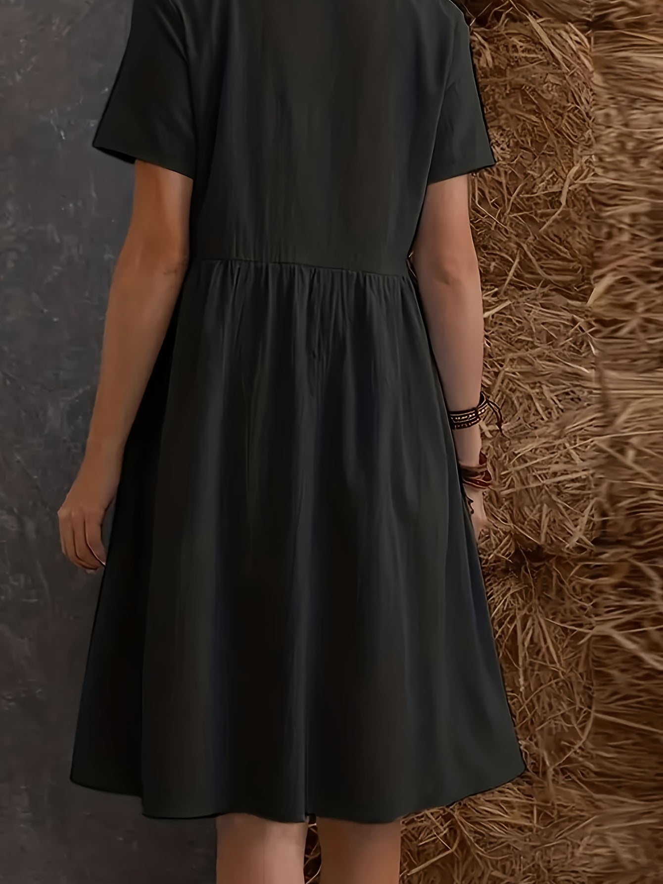 Plain Loose Dress With Short Sleeves, Casual Dress With Round Neck, Knee Length, Layered Dress, Women's Clothing