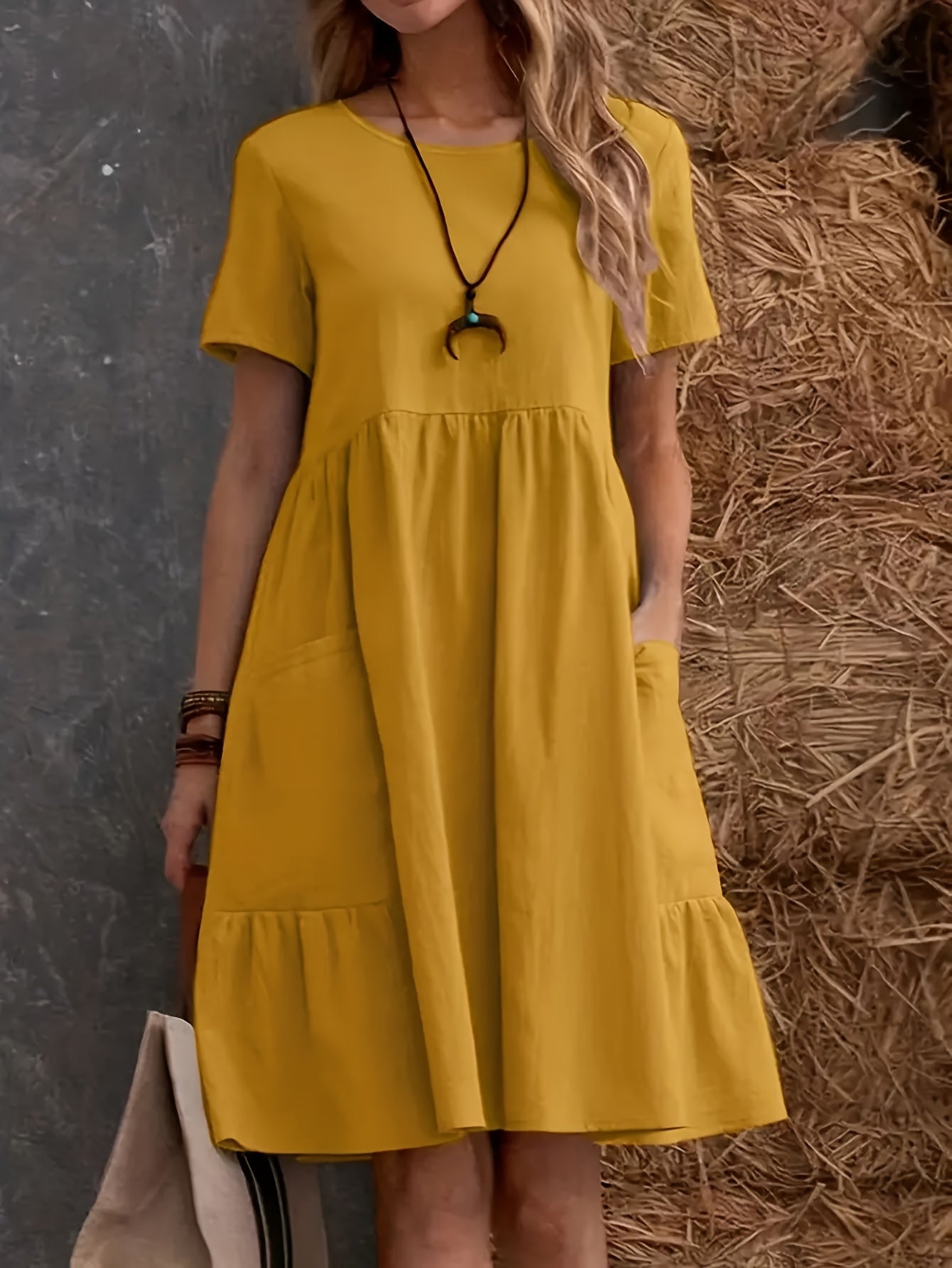 Plain Loose Dress With Short Sleeves, Casual Dress With Round Neck, Knee Length, Layered Dress, Women's Clothing