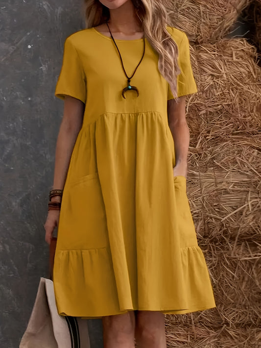 Plain Loose Dress With Short Sleeves, Casual Dress With Round Neck, Knee Length, Layered Dress, Women's Clothing